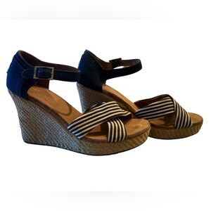 Toms Navy and White Striped Espadrille Wedge Sandals